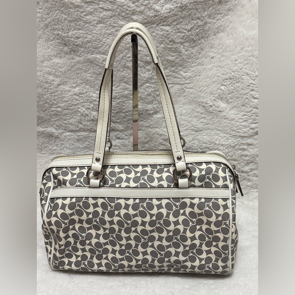 Coach Chelsea Heritage Satchel Gray & Pink Signature Stripe Tote with White Trim - Picture 4 of 13